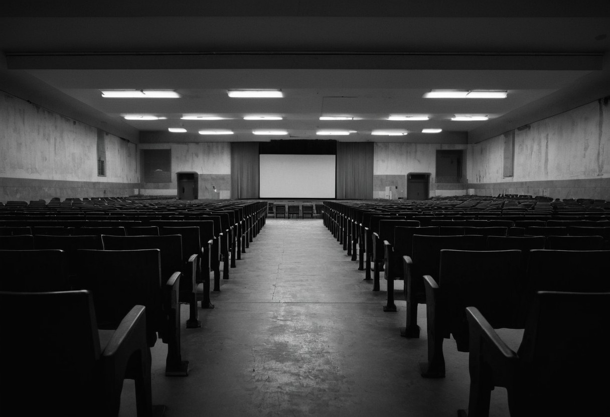 Empty lecture hall with harsh lighting