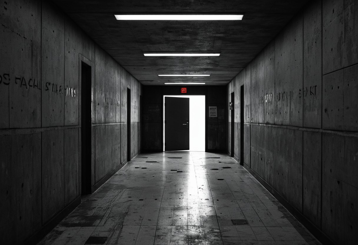 Empty hallway with a single open door