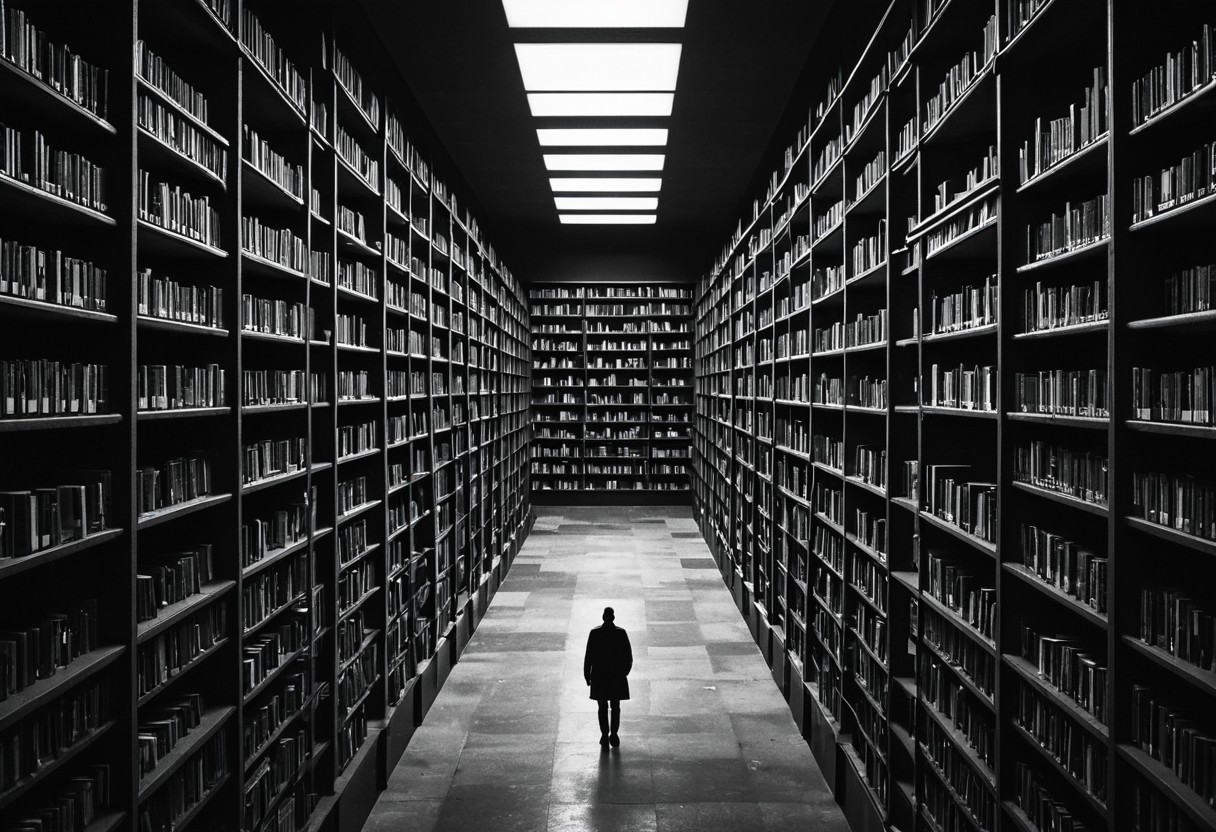A library stack aisle, empty