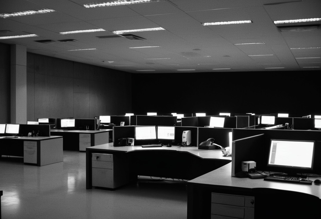 Dark office cubicles at night
