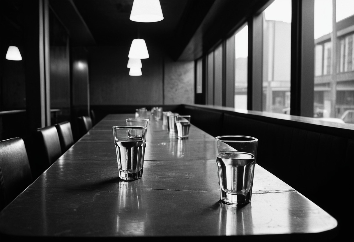A table at a bar with empty glasses, no people